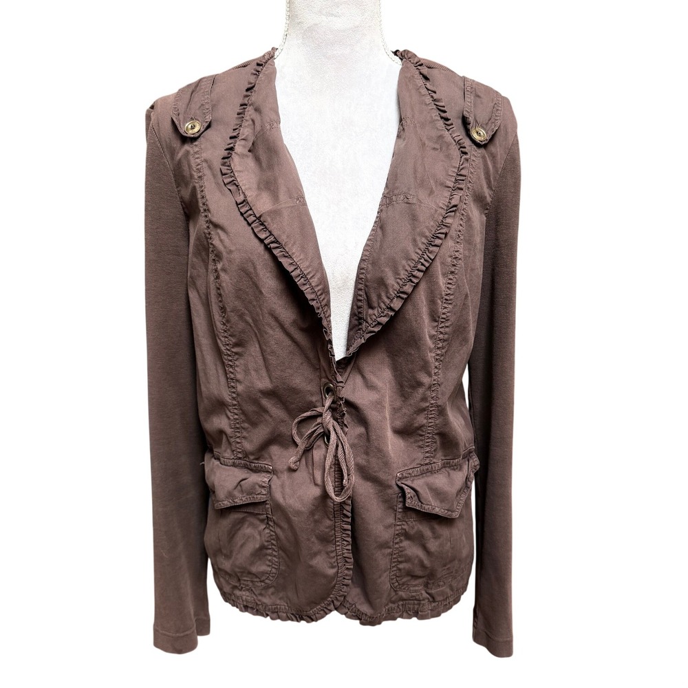 XCVI Brown Ruffle Utility Jacket L Cotton Mixed Media Drawstring Tie Lagenlook